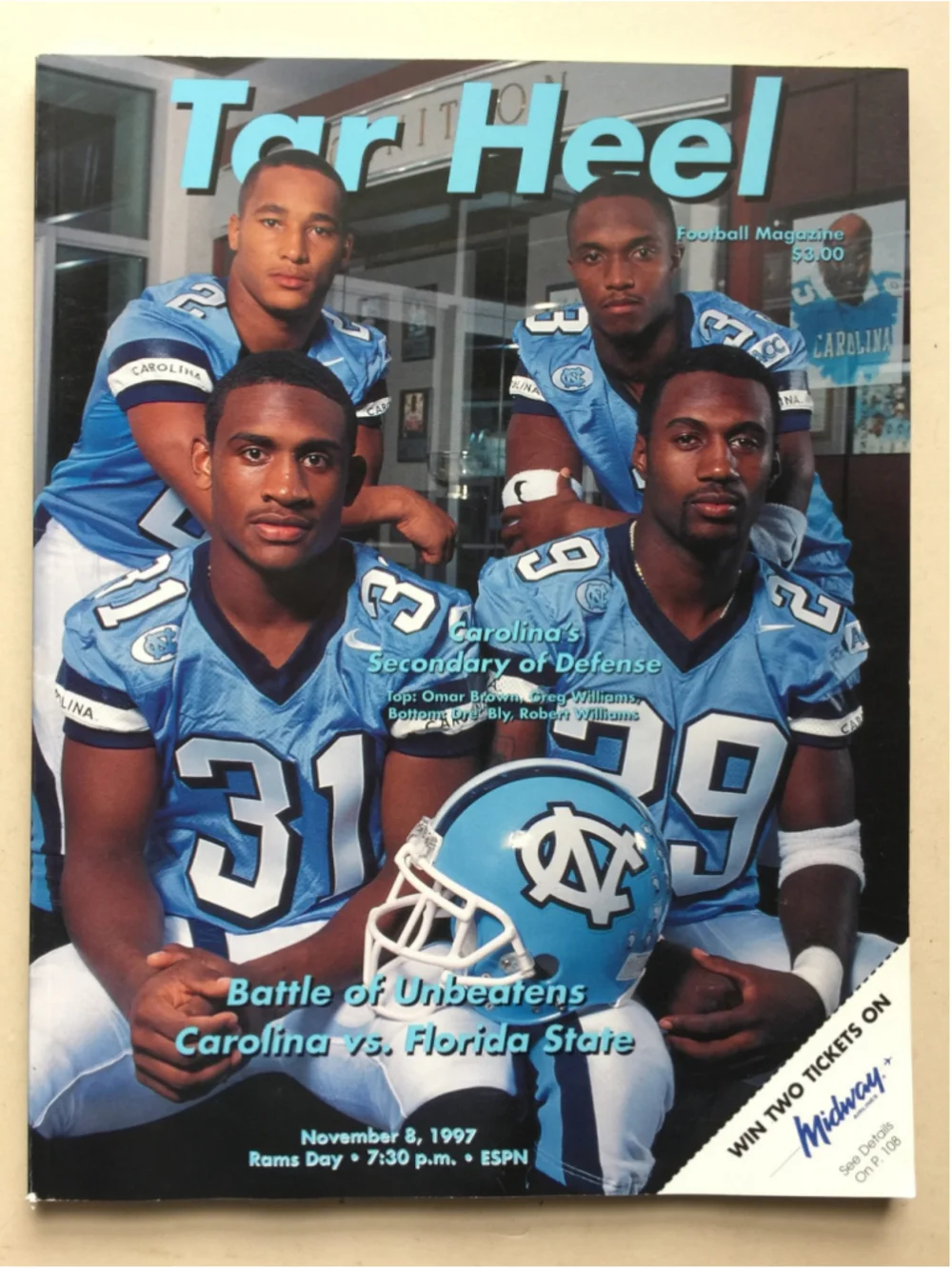 Nov 8 1997 Tar Hill Football Magazine, UNC Tar Heels, Carolina VS Florida State